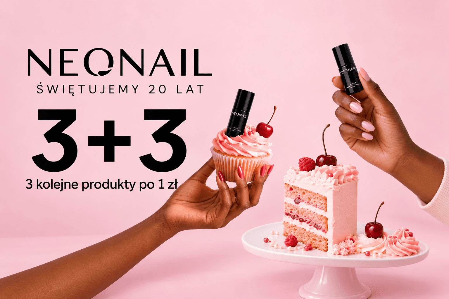 Różowa grafika na 20-lecie NEONAIL: promocja 3+3, trzy kolejne produkty po 1 zł, lakiery i urodzinowe wypieki