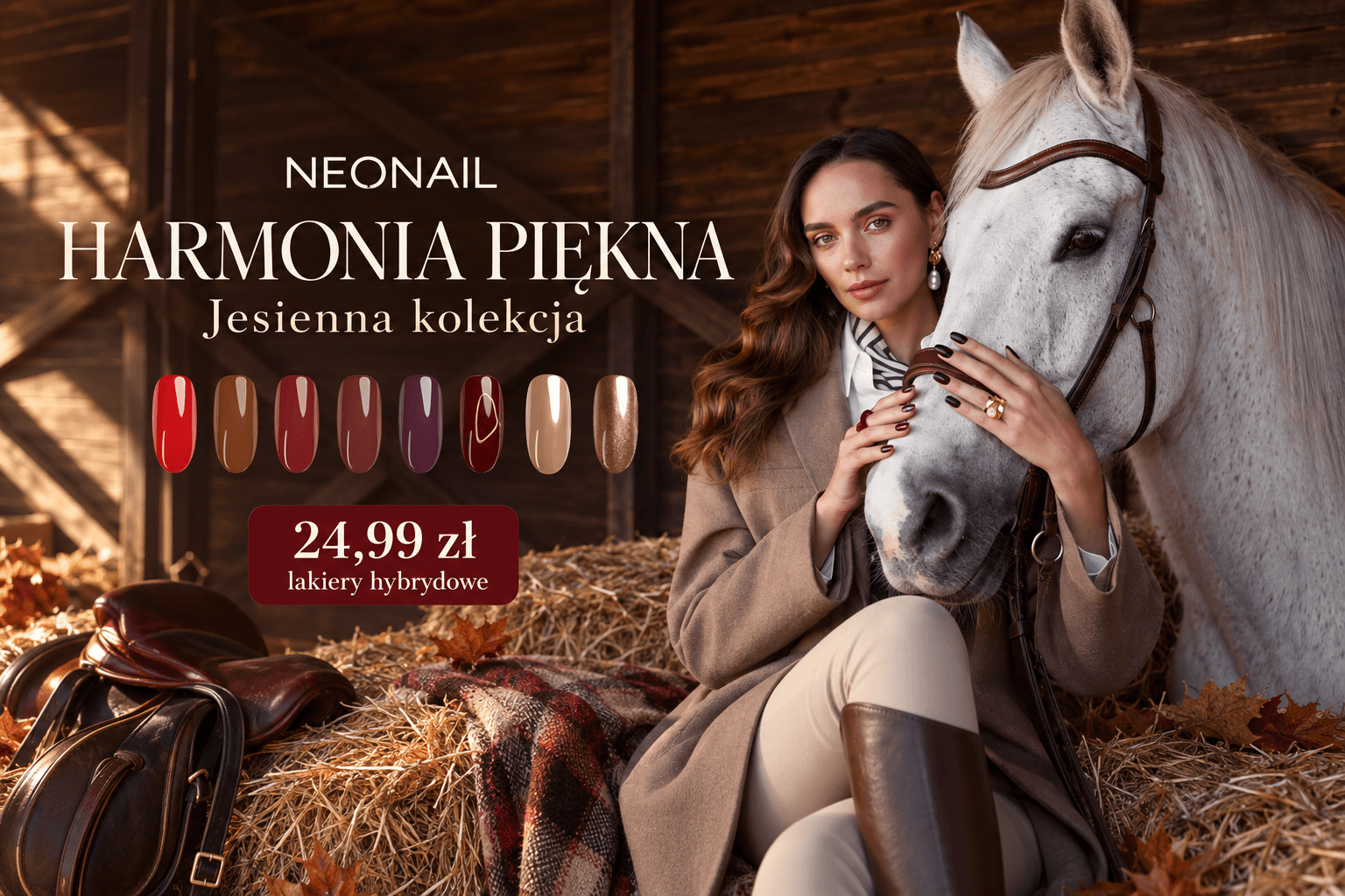 Jesienna kolekcja NEONAIL Harmonia Piękna: próbnik kolorów, cena lakierów 24,99 zł oraz modelka przy białym koniu