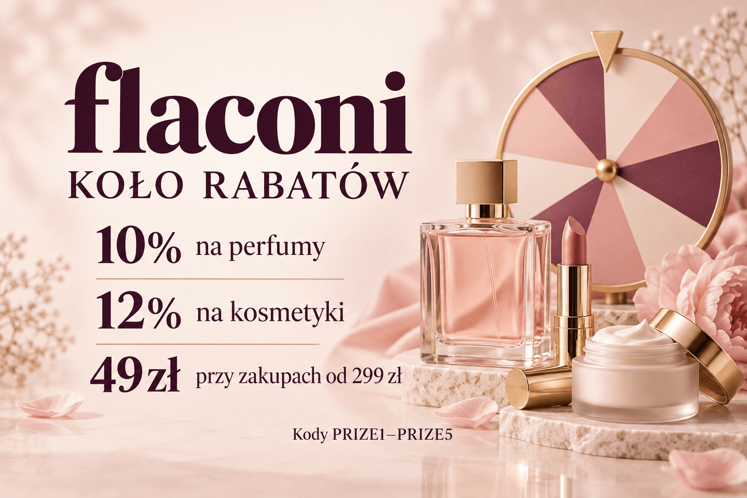 Koło Rabatów flaconi: 10% na perfumy, 12% na kosmetyki lub 49 zł przy zakupach od 299 zł, kody PRIZE1–PRIZE5