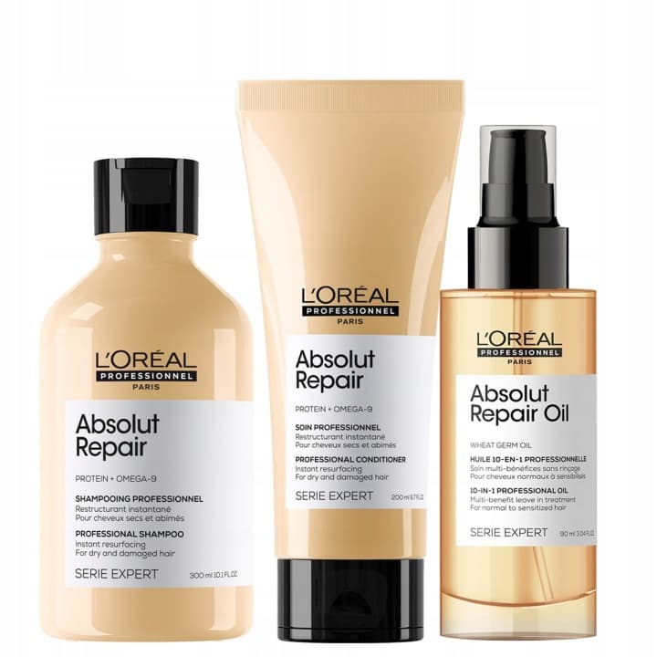 L'Oréal Absolut Repair odbudowujący zestaw do włosów szampon maska olejek