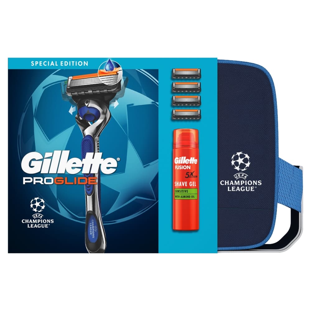Gillette ProGlide UEFA Champions League – maszynka + 4 wkłady + żel + kosmetyczka