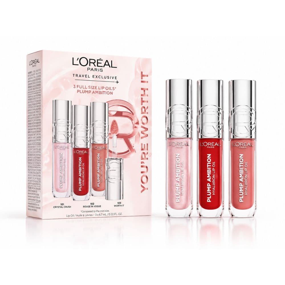L'Oréal 3 Full Size Lip Oils Plump Ambition Travel Exclusive Set Zestaw do makijażu