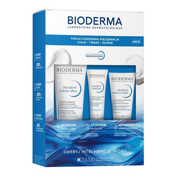 Zestaw Bioderma Atoderm, ultraodżywczy krem nawilżający, + odżywczy krem do cery suchej, bardzo suchej i osłabionej, + krem do rąk i pazn