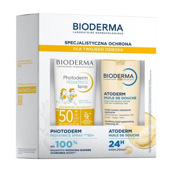 Zestaw Bioderma, Photoderm Pediatrics, ochronny spray dla dzieci SPF 50+, + Atoderm Huile de douche, olejek do kąpieli i pod prysznic do ciała