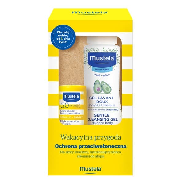 Zestaw Mustela Wakacyjna przygoda, szyft przeciwsłoneczny SPF 50, + delikatny żel do mycia z awokado