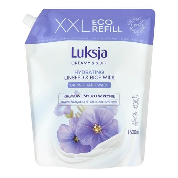 Creamy & Soft, nawilżające mydło w płynie, Len i Mleczko Ryżowe, refill