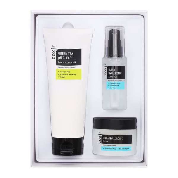 Zestaw Coxir Ultra Hyaluronic, Green Tea Clear pianka oczyszczająca, + Ultra Hyaluronic ampułka, + krem nawilżający