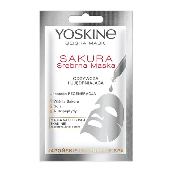 Geisha Mask, maska na srebrnej tkaninie Sakura
