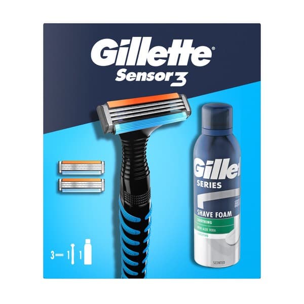 Zestaw Gillette, maszynka do golenia Sensor3 + Series, łagodząca pianka do golenia z aloesem