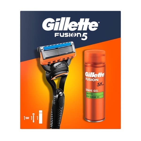 Zestaw Gillette, maszynka do golenia Fusion5 + Fusion, żel do golenia dla skóry wrażliwej