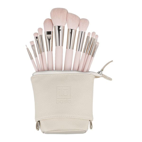 basic Zestaw 12 pędzli do makijażu + etui, Różowy