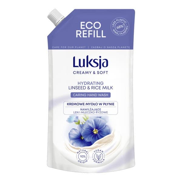 Creamy & Soft, nawilżające mydło w płynie, Len i Mleczko Ryżowe, refill