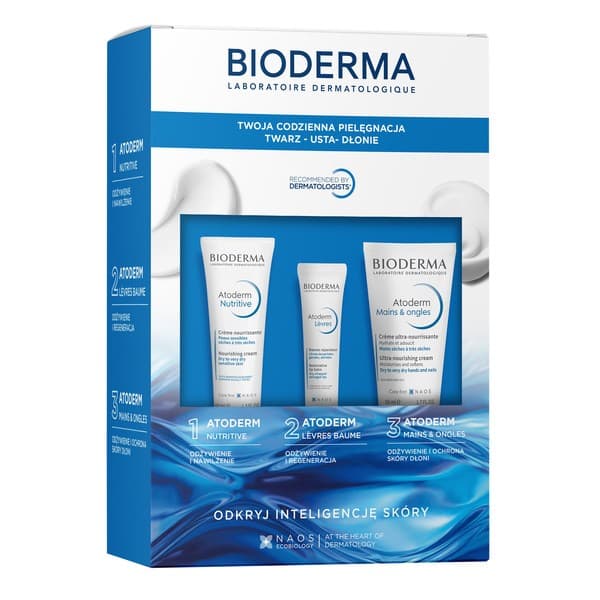 Zestaw Bioderma Atoderm, krem odżywczy, + balsam do ust, + krem do rąk i paznokci, ultraodżywczy