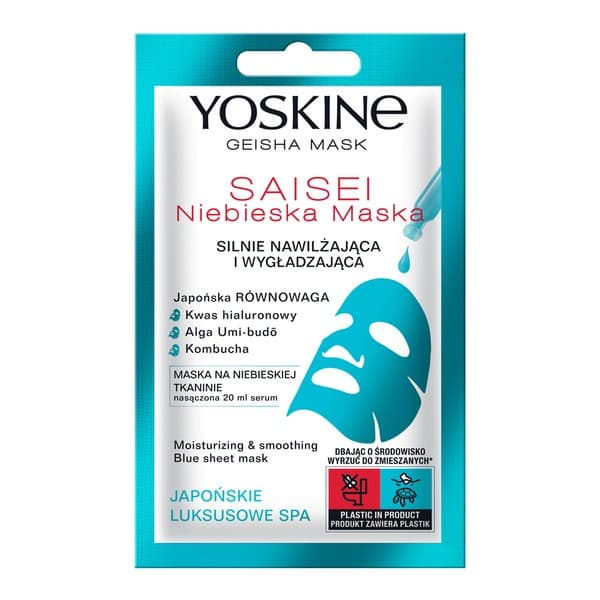 Geisha Mask Saisei, maska na niebieskiej tkaninie, silnie nawilżająca i wygładzająca
