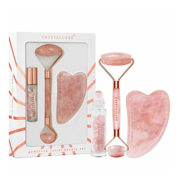 Roller do twarzy + płytka gua sha + buteleczka roll-on Rose quartz beauty set Crystallove