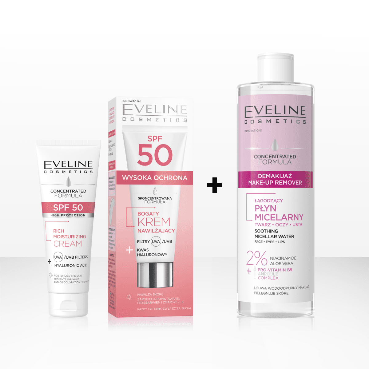 Skoncentrowana Formuła duet pielęgnacyjny: bogaty krem SPF 50 + łagodzący płyn micelarny