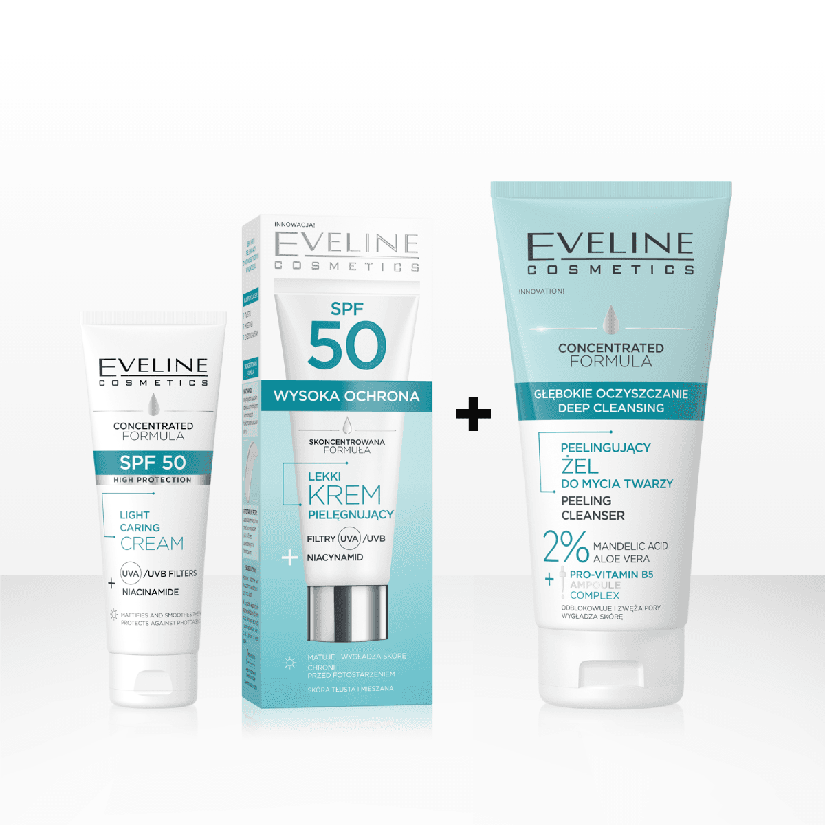 Skoncentrowana Formuła duet pielęgnacyjny: peelingujący żel + bogaty krem SPF 50