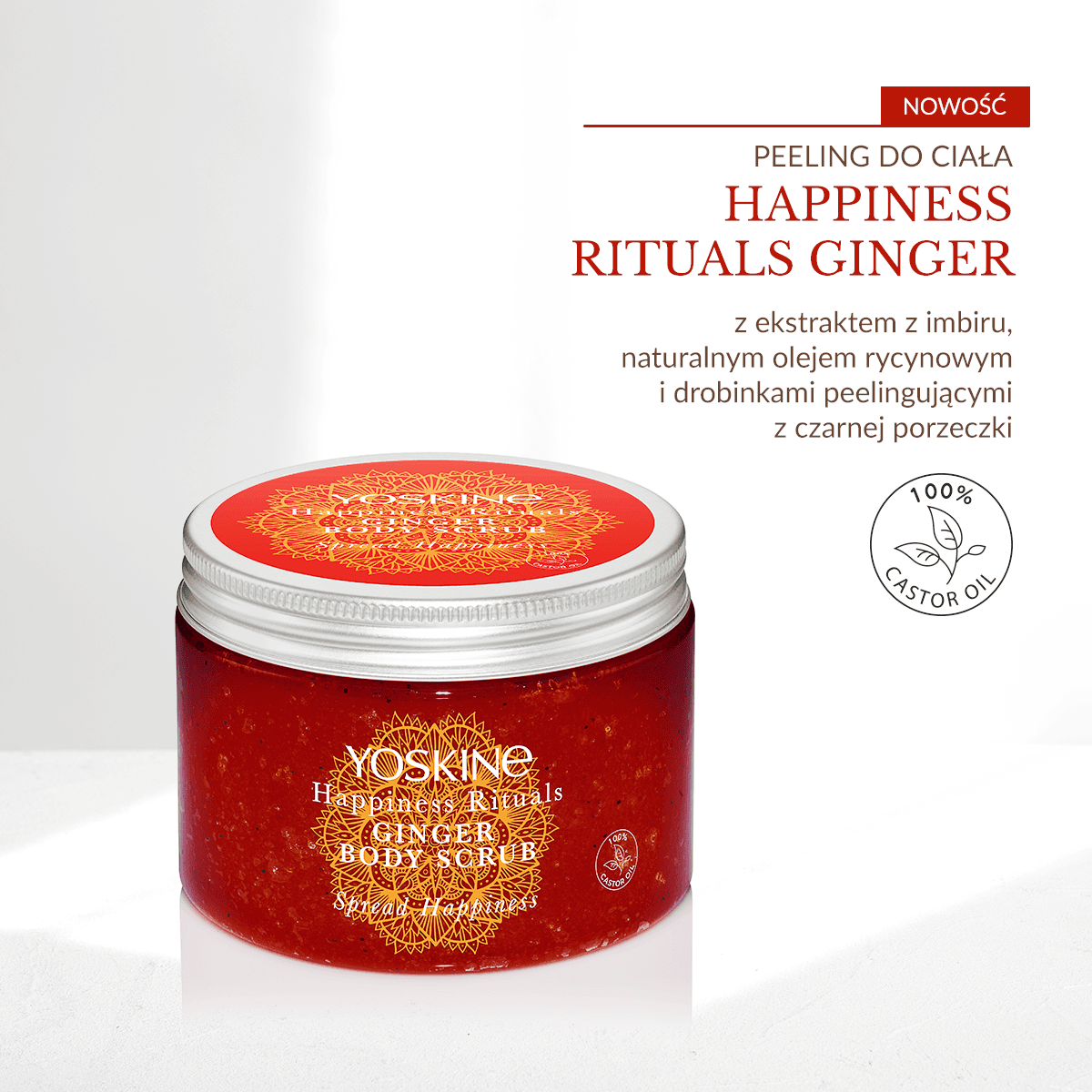 Happiness Rituals peeling cukrowy do ciała Imbir z olejem sojowym, olejem rycynowym, gliceryną i drobinami czarnej porzeczki