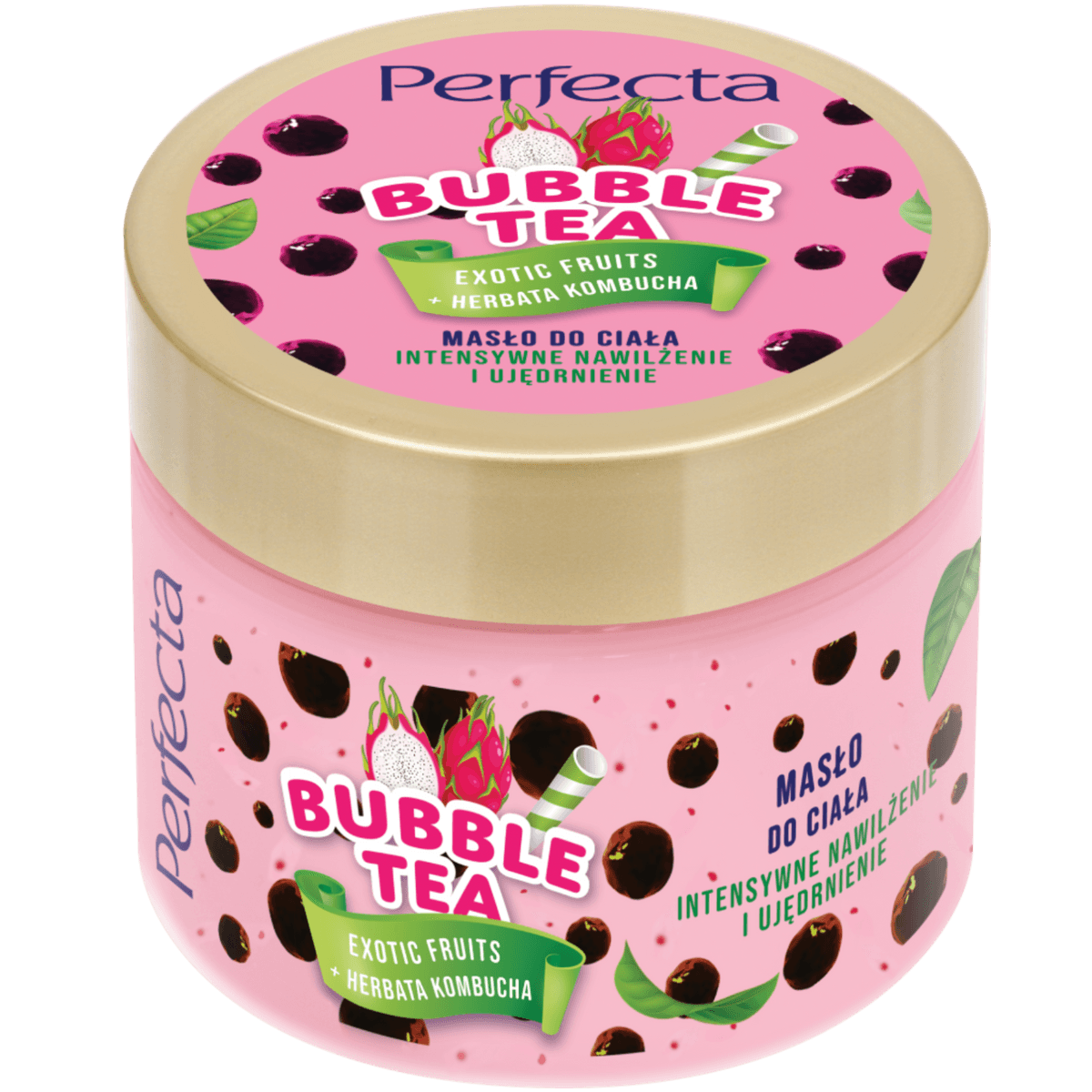 Bubble Tea masło do ciała Exotic Fruits z kombuchą, wyciągiem z jagód goji, masłem shea i witaminowymi kuleczkami