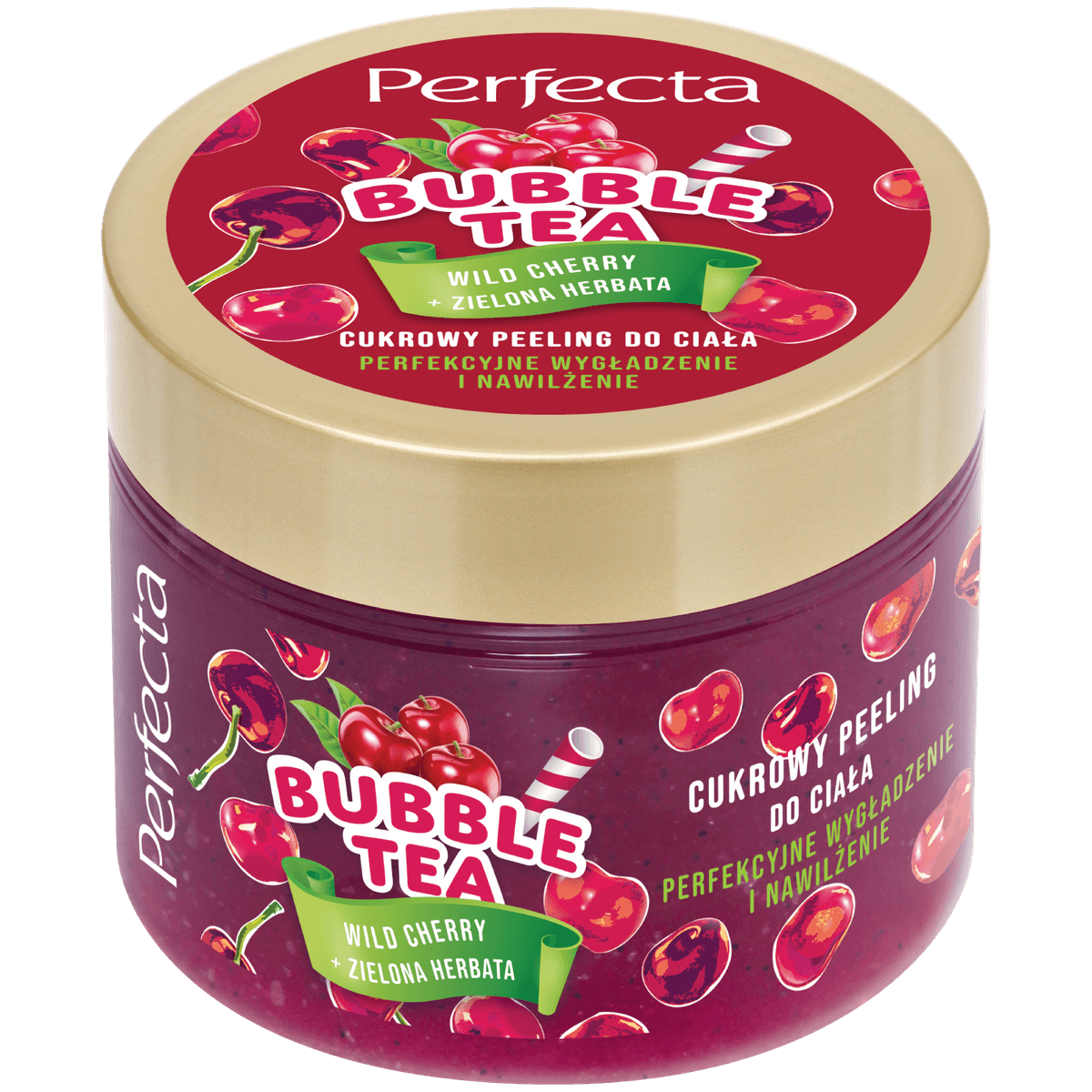 Bubble Tea cukrowy peeling do ciała Wild Cherry z ekstraktem z zielonej herbaty, wiśnią i kryształkami cukru