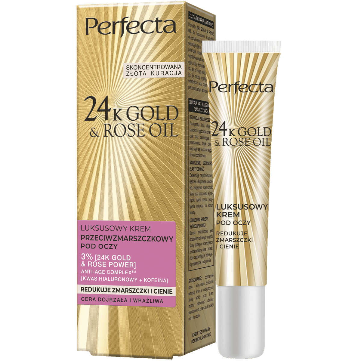 24K Gold&Rose Oil luksusowy krem przeciwzmarszczkowy pod oczy z 3% kompleksem 24K Gold & Rose Power, kofeiną i kwasem hialuronowym
