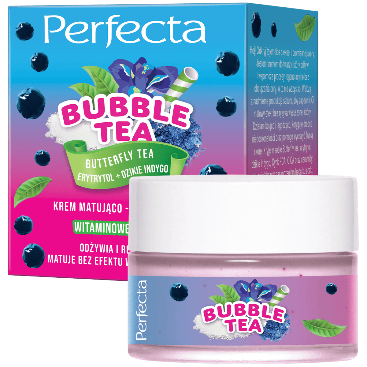 Bubble Tea Krem do twarzy matująco-regenerujący Butterfly Tea, Erytrytol + Dzikie Indygo