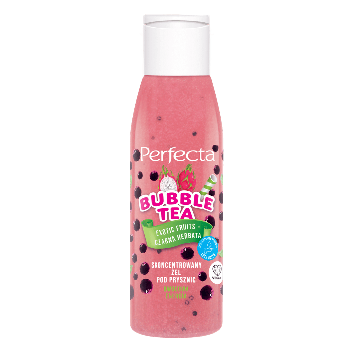 Bubble Tea skoncentrowany żel pod prysznic Exotic Fruits + Czarna Herbata MINI z kombuchą, jagodami goji i hydrożelowymi kulkami