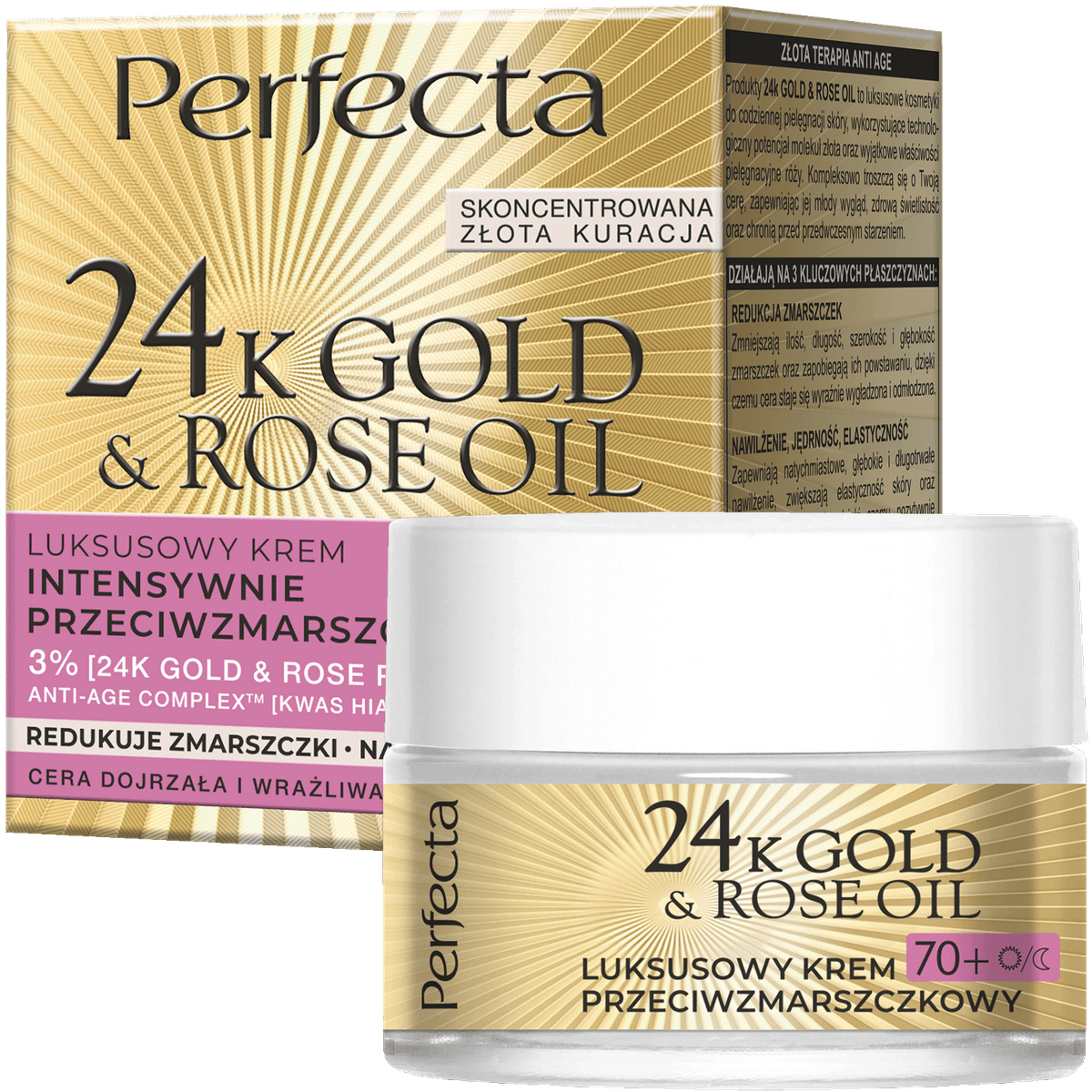 24K Gold&Rose Oil luksusowy krem przeciwzmarszczkowy 70+ na dzień i noc z 3% kompleksem 24K Gold & Rose Power, kwasem hialuronowym i kolagenem