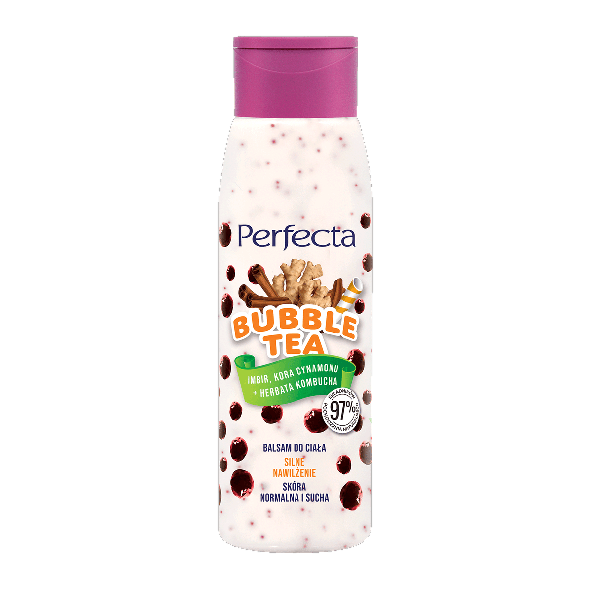 Bubble Tea balsam do ciała Silne nawilżenie Imbir, Kora cynamonu + Herbata Kombucha z witaminowymi kuleczkami