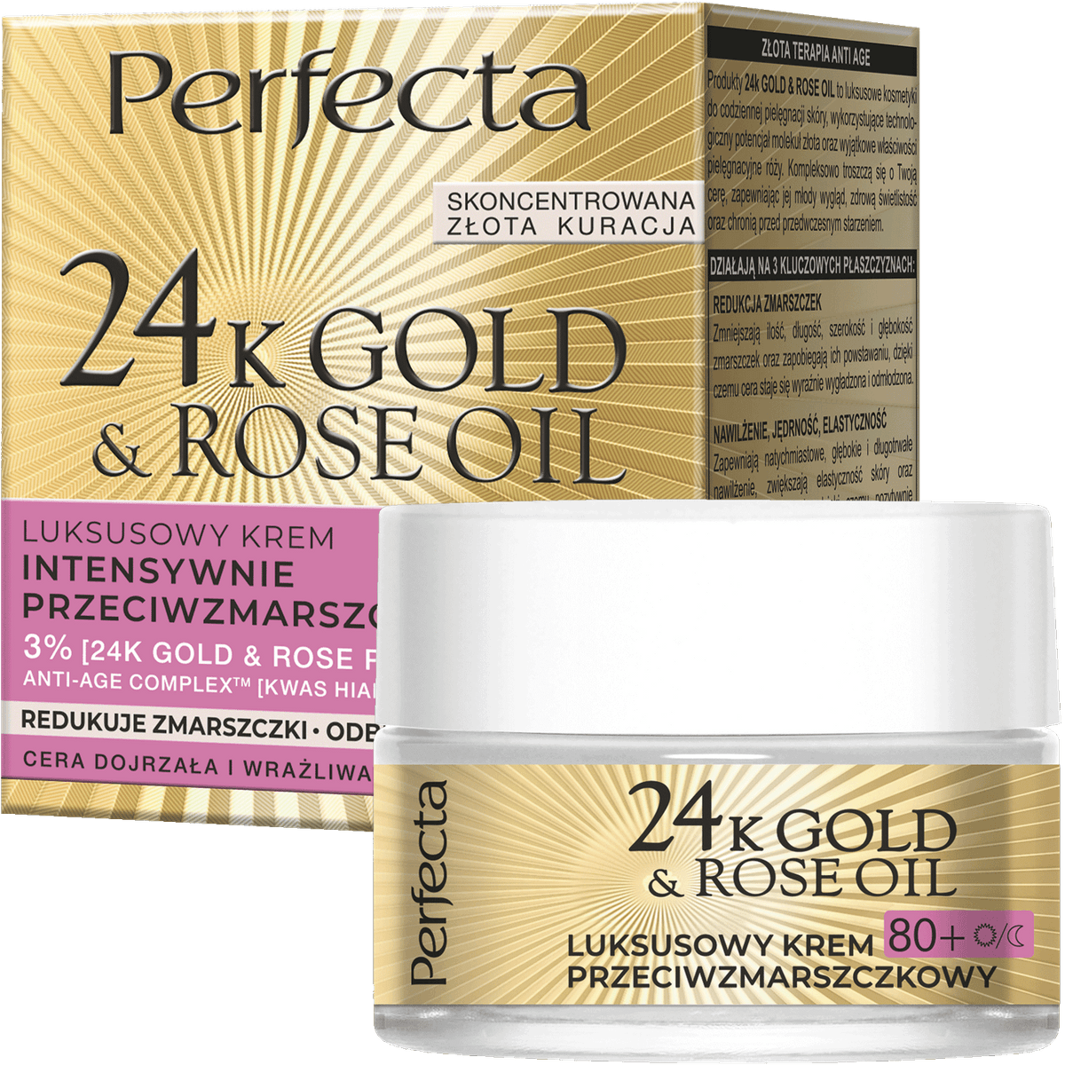 24K Gold&Rose Oil luksusowy krem przeciwzmarszczkowy 80+ na dzień i noc z 3% kompleksem 24K Gold & Rose Power, elastyną, kolagenem i kwasem hialuronowym