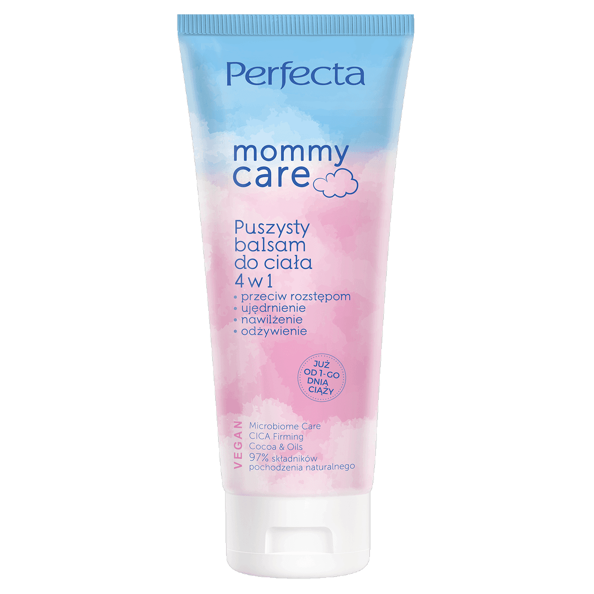Mommy Care puszysty balsam 4w1 do ciała przeciw rozstępom z Microbiome Care, Cica Firming, masłem kakaowym i D-pantenolem