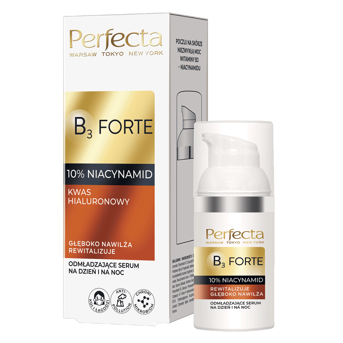 B3 Forte odmładzające serum na dzień i na noc z 10% niacynamidem, kwasem hialuronowym i tarczą antypollution