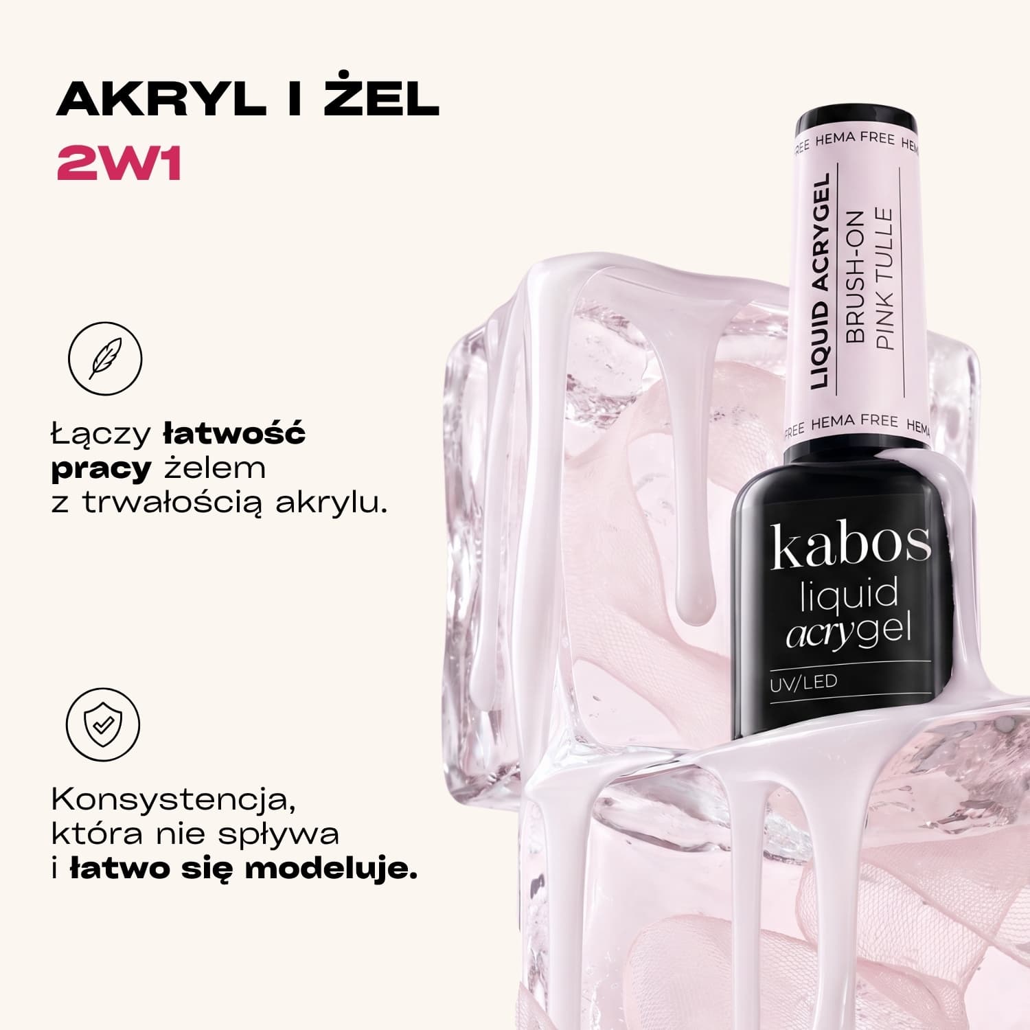 Płynny akrylożel Kabos Liquid Acrygel Brush-On UV/LED Pink Tulle