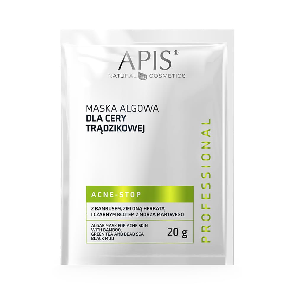 Maska algowa dla cery trądzikowej z bambusem, zieloną herbatą, czarnym błotem z Morza Martwego Apis Acne-Stop SASZETKA