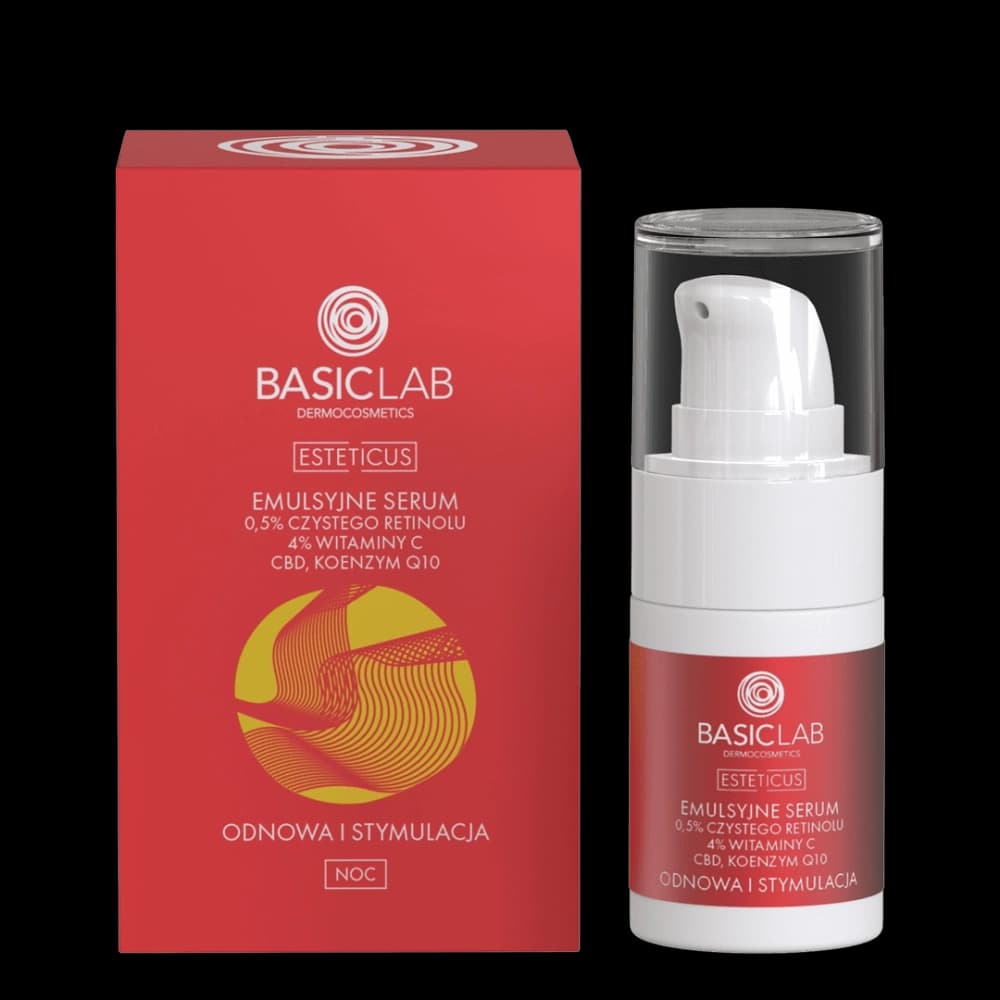 Emulsyjne serum z 0,5% czystego retinolu, 4% witaminy C, CBD i koenzymem Q10 - BasicLab -