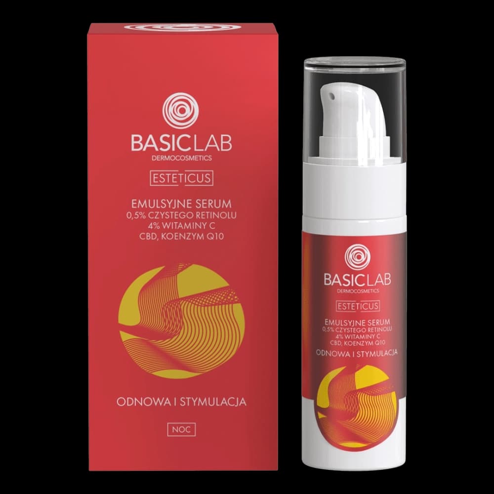 Emulsyjne serum z 0,5% czystego retinolu, 4% witaminy C, CBD i koenzymem Q10 - BasicLab -