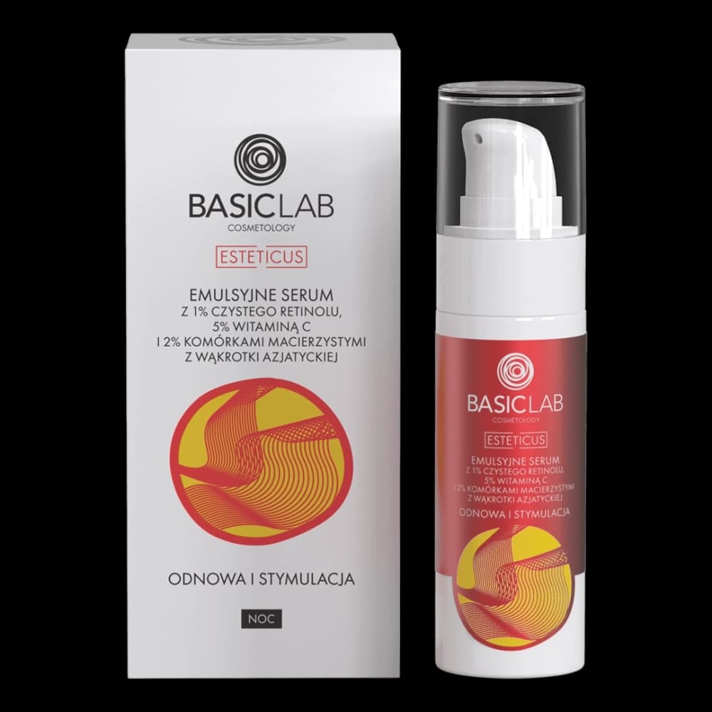 Emulsyjne serum z 1% czystego retinolu, 5% witaminą C i 2% komórkami macierzystymi z wąkrotki azjatyckiej - BasicLab -