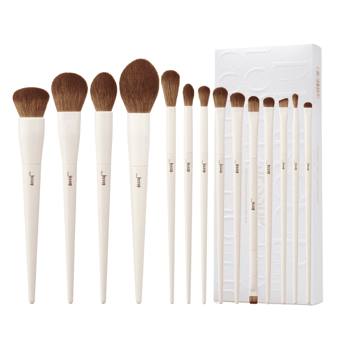 Light Gray Comprehensive Brush Set,. - zestaw pędzli do makijażu twarzy i oczu śmietankowy