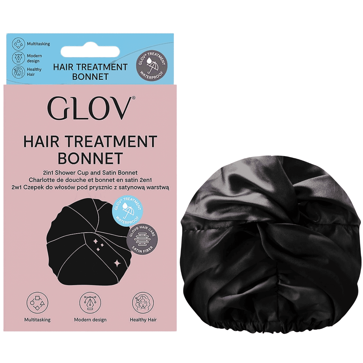 Hair Treatment Bonnet Black, - 2w1 Czepek do włosów pod prysznic z satynową warstwą, czarny