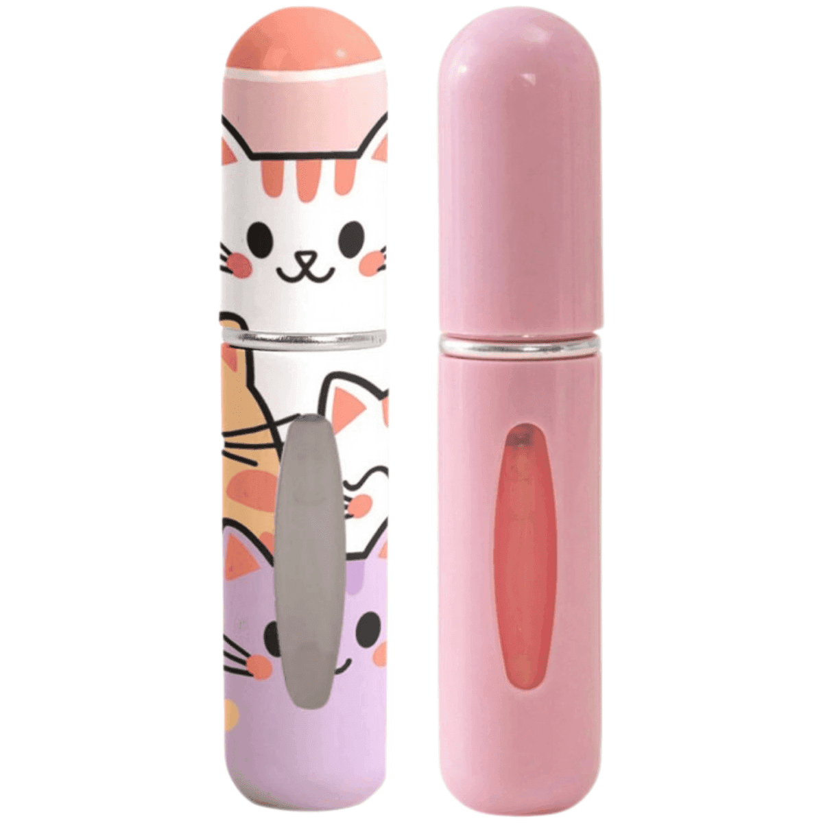 Zestaw dwóch mini atomizerów na perfumy w kolorze różowym oraz we wzór kotków