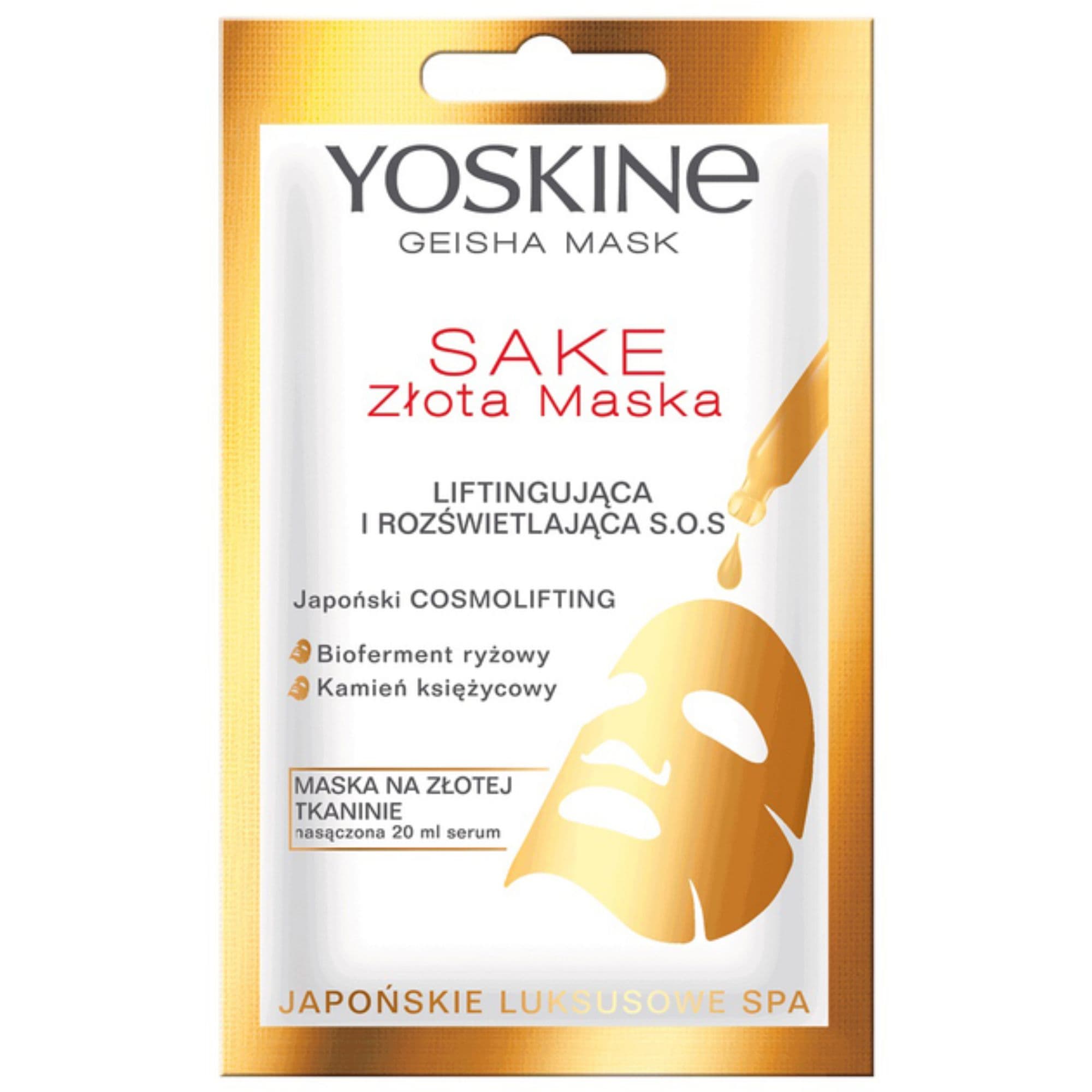 Geisha Mask Sake maska na złotej tkaninie