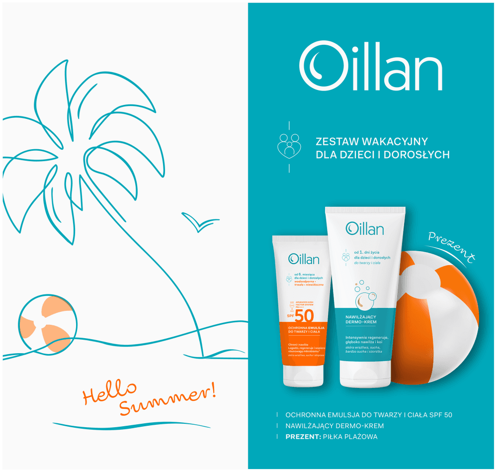 Zestaw wakacyjny OILLAN Ochronna emulsja do twarzy i ciała z filtrem SPF50 + Dermo-krem + piłka plażowa