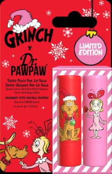 The Grinch zestaw kosmetyków dla kobiet, balsam do ust Brzoskwiniowo-Różowy + balsam do ust Intensywna Czerwień