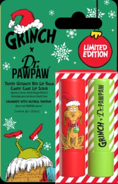 The Grinch zestaw kosmetyków dla kobiet, balsam do ust Intensywna Czerwień + peeling do ust Candy Cane