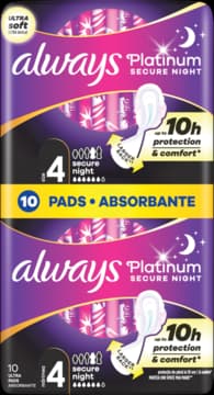 Platinum podpaski higieniczne, na noc, ze skrzydełkami, Secure night