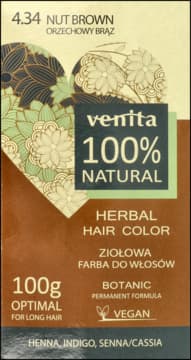 100% Natural farba do włosów, ziołowa, nr 4.34 Orzechowy Brąz