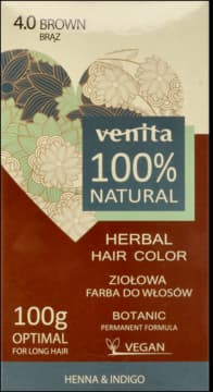 100% Natural farba do włosów, ziołowa, nr 4.0 Brąz