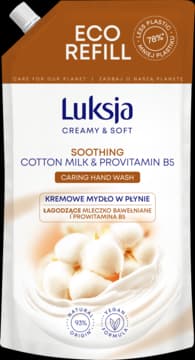Creamy & Soft mydło w płynie, do rąk, kremowe, łagodzące, Mleczko bawełniane i Prowitamina B5, zapas