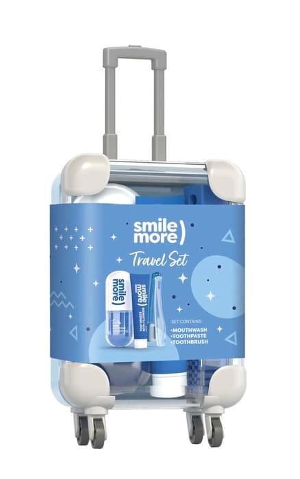 SMILE MORE DENTAL TRAVEL SIZE SET Walizka, płyn do płukania+pasta+szczoteczka składana