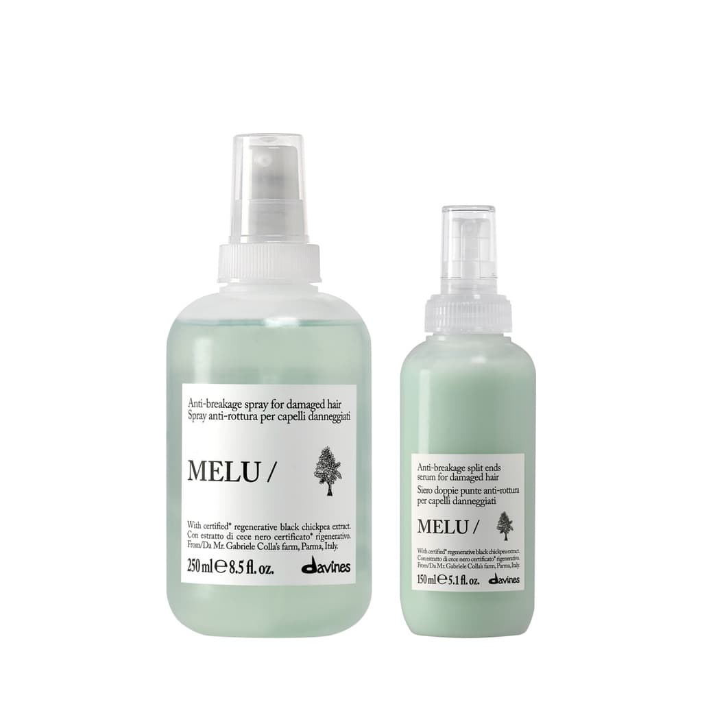 Melu | Termoochronny spray zapobiegający łamliwości do włosów długich i zniszczonych + Serum uszczelniające rozdwojone końcówki do włosów osłabionych zestaw